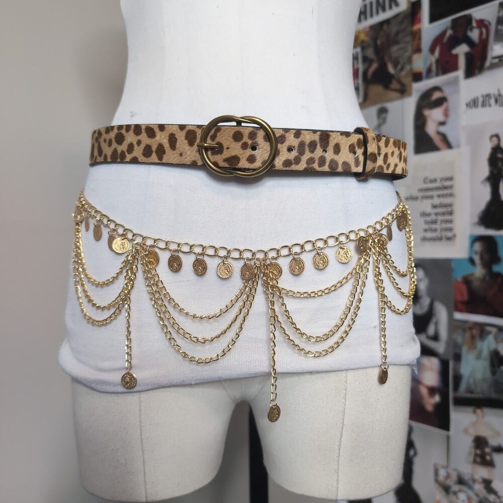 Leopard Print and Gold Tone Coin Chain Belt Set